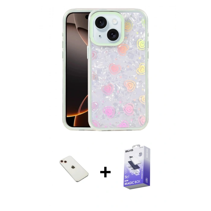 MARSİLYAN™- iPhone 14 Kılıf Odak Prime - Siyah Bilvis 5in1 5D Magic Hayalet Cam Ekran Koruyucu + Diamond Kamera Lens - KI