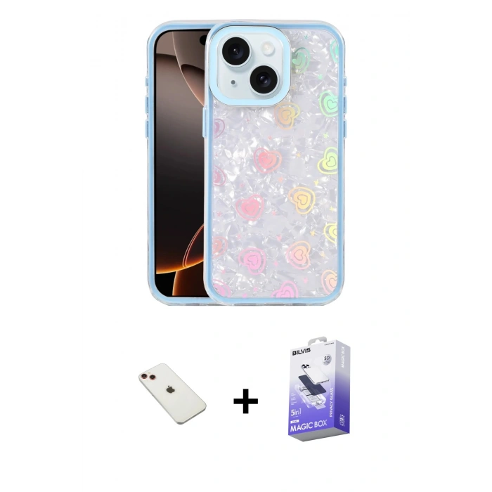 MARSİLYAN™- iPhone 14 Kılıf Odak Prime - Siyah Bilvis 5in1 5D Magic Hayalet Cam Ekran Koruyucu + Diamond Kamera Lens - KI
