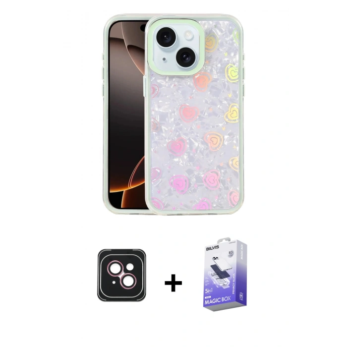 MARSİLYAN™- iPhone 14 Kılıf Odak Prime - Siyah Bilvis 5in1 5D Magic Hayalet Cam Ekran Koruyucu + Pembe PVD Metal Kamera Lens