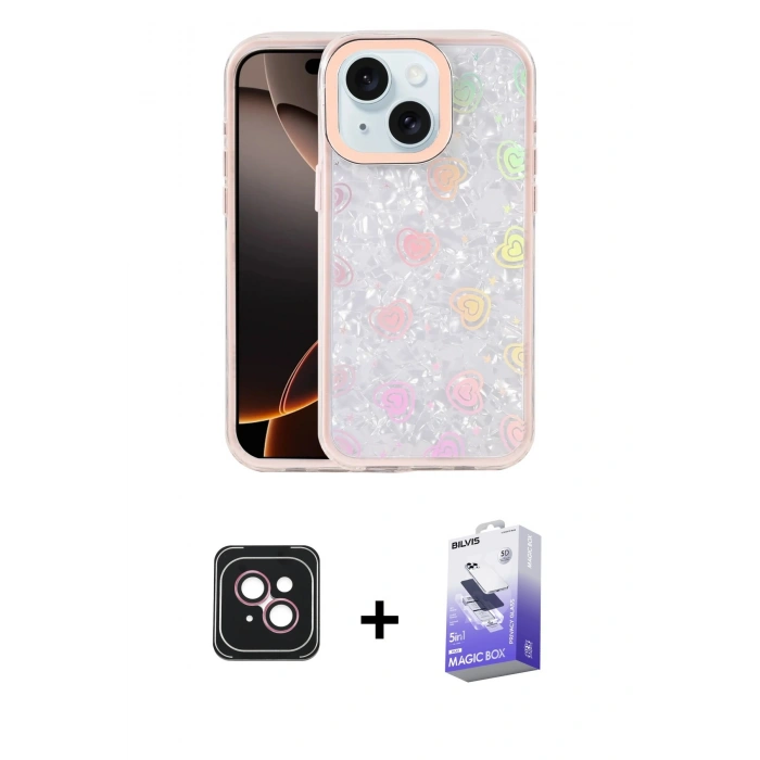 MARSİLYAN™- iPhone 14 Kılıf Odak Prime - Siyah Bilvis 5in1 5D Magic Hayalet Cam Ekran Koruyucu + Pembe PVD Metal Kamera Lens