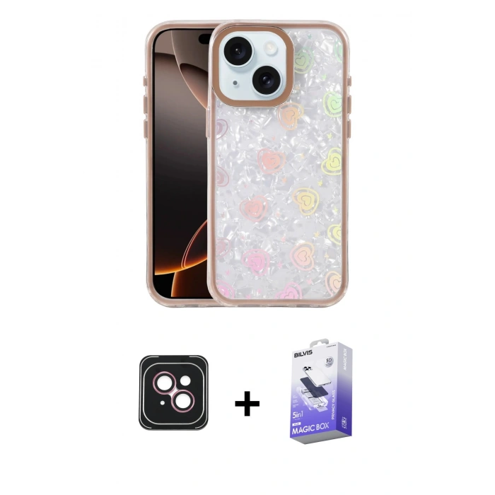 MARSİLYAN™- iPhone 14 Kılıf Odak Prime - Siyah Bilvis 5in1 5D Magic Hayalet Cam Ekran Koruyucu + Pembe PVD Metal Kamera Lens