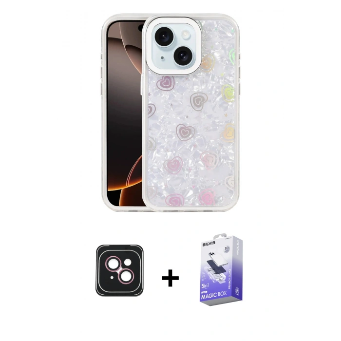MARSİLYAN™- iPhone 14 Kılıf Odak Prime - Siyah Bilvis 5in1 5D Magic Hayalet Cam Ekran Koruyucu + Pembe PVD Metal Kamera Lens