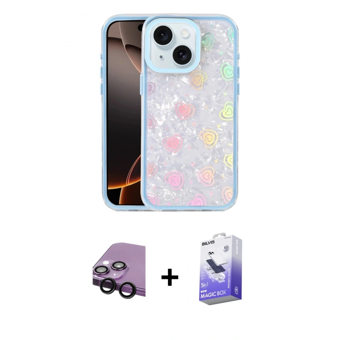MARSİLYAN™- iPhone 14 Kılıf Odak Prime - Siyah Bilvis 5in1 5D Magic Hayalet Cam Ekran Koruyucu + Raze Metal Kamera Lens - SH