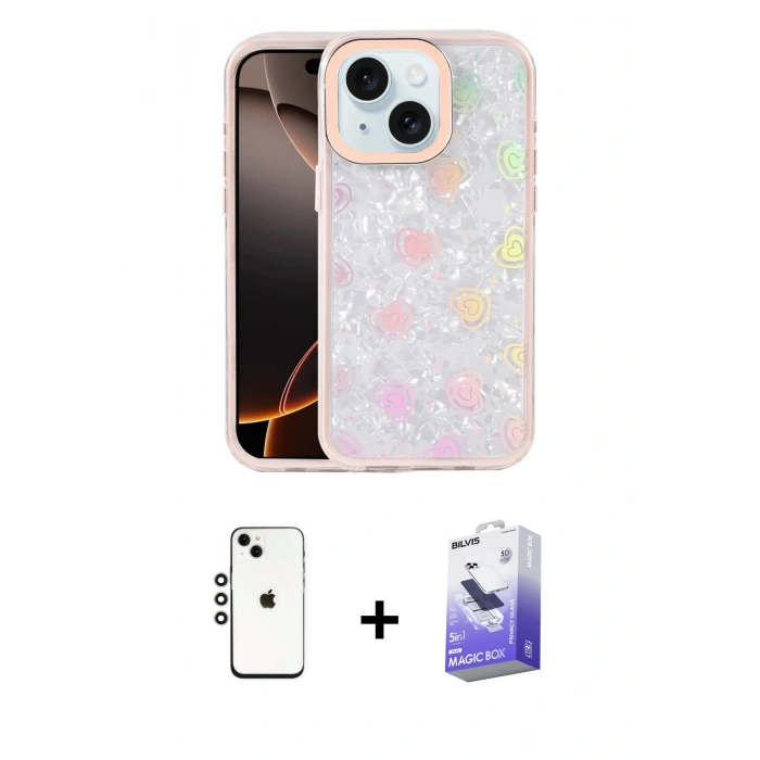 MARSİLYAN™- iPhone 14 Kılıf Odak Prime - Siyah Bilvis 5in1 5D Magic Hayalet Cam Ekran Koruyucu + Shine Kamera Lens - GS