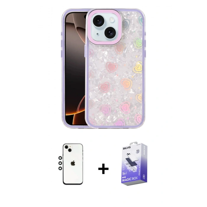 MARSİLYAN™- iPhone 14 Kılıf Odak Prime - Siyah Bilvis 5in1 5D Magic Hayalet Cam Ekran Koruyucu + Shine Kamera Lens - GS