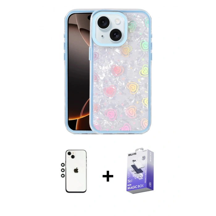 MARSİLYAN™- iPhone 14 Kılıf Odak Prime - Siyah Bilvis 5in1 5D Magic Hayalet Cam Ekran Koruyucu + Shine Kamera Lens - GS