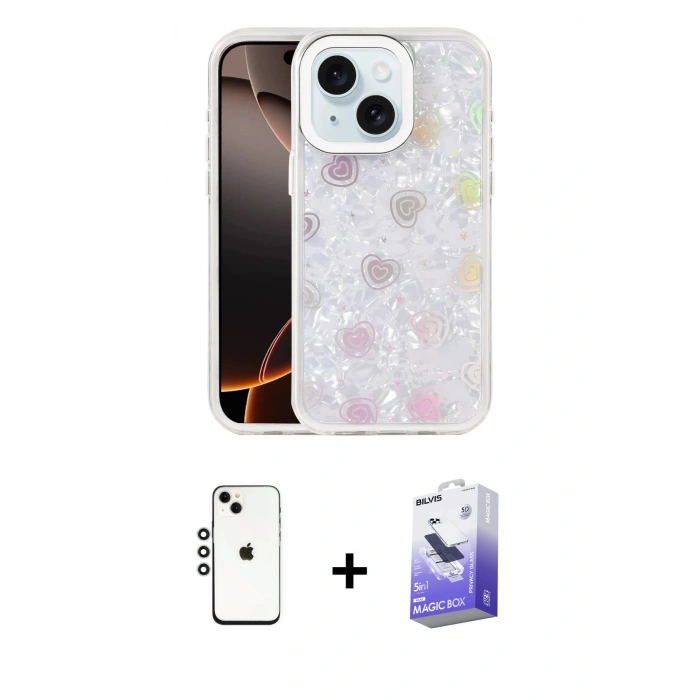 MARSİLYAN™- iPhone 14 Kılıf Odak Prime - Siyah Bilvis 5in1 5D Magic Hayalet Cam Ekran Koruyucu + Shine Kamera Lens - GS