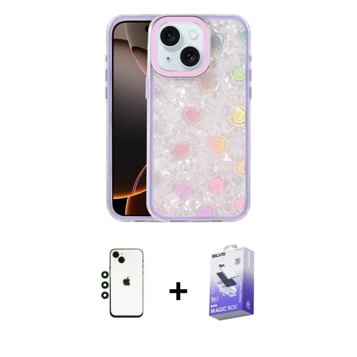 MARSİLYAN™- iPhone 14 Kılıf Odak Prime - Siyah Bilvis 5in1 5D Magic Hayalet Cam Ekran Koruyucu + Shine Kamera Lens - YL