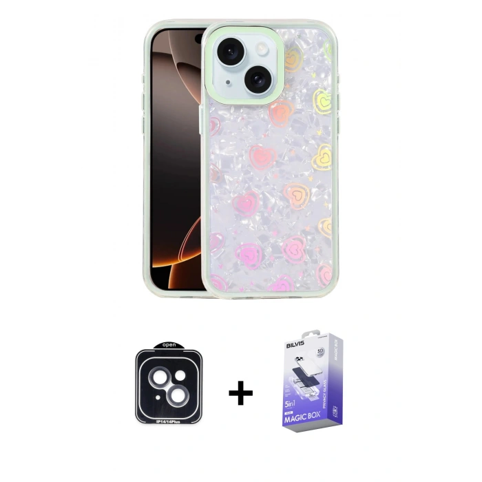 MARSİLYAN™- iPhone 14 Kılıf Odak Prime - Siyah Bilvis 5in1 5D Magic Hayalet Cam Ekran Koruyucu + Siyah PVD Metal Kamera Lens