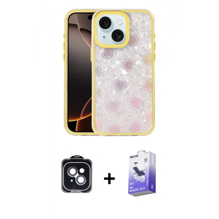 MARSİLYAN™- iPhone 14 Kılıf Odak Prime - Siyah Bilvis 5in1 5D Magic Hayalet Cam Ekran Koruyucu + Siyah PVD Metal Kamera Lens