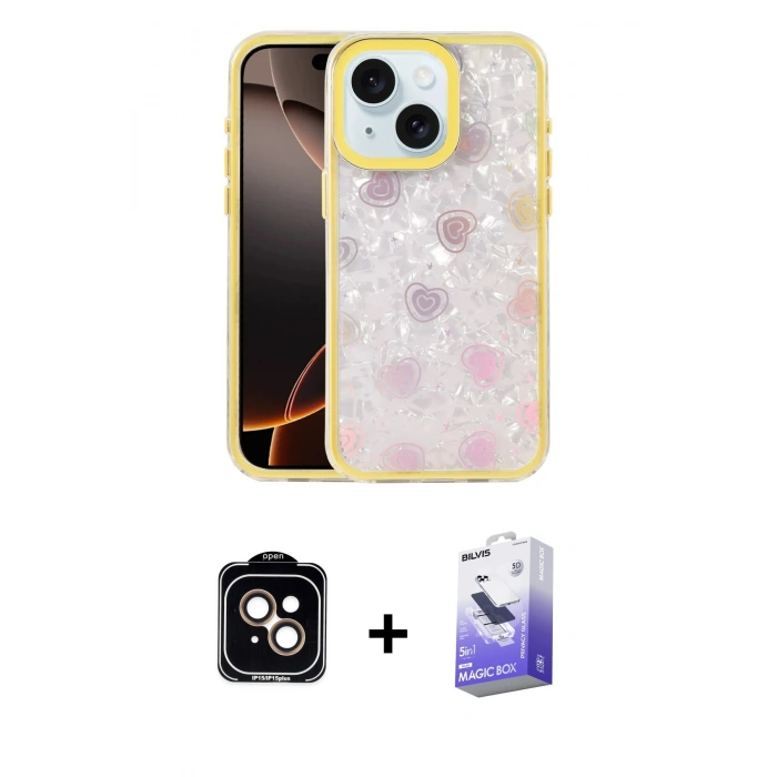 MARSİLYAN™- iPhone 14 Kılıf Odak Prime - Siyah Bilvis 5in1 5D Magic Hayalet Cam Ekran Koruyucu + PVD Metal Kamera Lens - TU