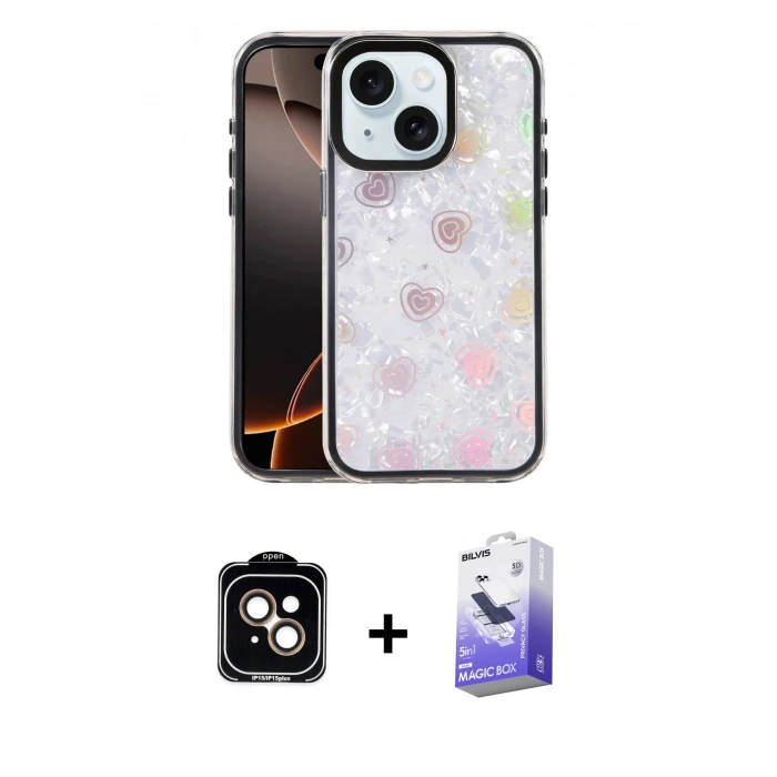 MARSİLYAN™- iPhone 14 Kılıf Odak Prime - Siyah Bilvis 5in1 5D Magic Hayalet Cam Ekran Koruyucu + PVD Metal Kamera Lens - TU