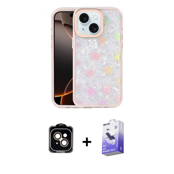 MARSİLYAN™- iPhone 14 Kılıf Odak Prime - Siyah Bilvis 5in1 5D Magic Hayalet Cam Ekran Koruyucu + PVD Metal Kamera Lens - TU