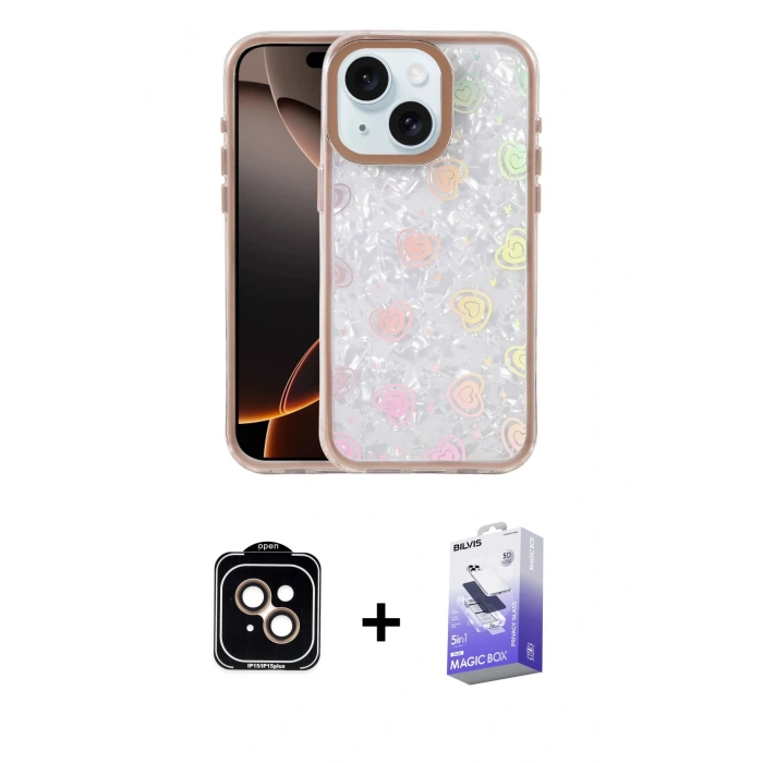 MARSİLYAN™- iPhone 14 Kılıf Odak Prime - Siyah Bilvis 5in1 5D Magic Hayalet Cam Ekran Koruyucu + PVD Metal Kamera Lens - TU