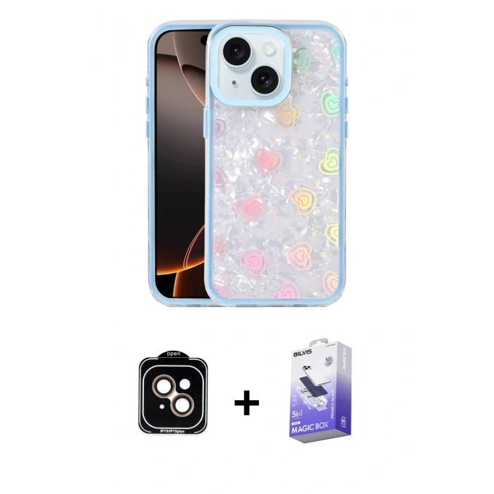 MARSİLYAN™- iPhone 14 Kılıf Odak Prime - Siyah Bilvis 5in1 5D Magic Hayalet Cam Ekran Koruyucu + PVD Metal Kamera Lens - TU