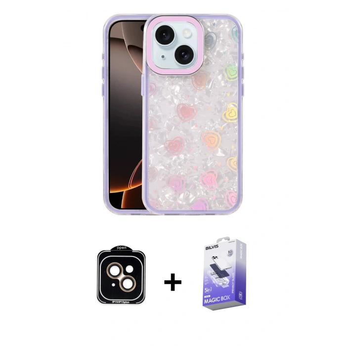 MARSİLYAN™- iPhone 14 Kılıf Odak Prime - Siyah Bilvis 5in1 5D Magic Hayalet Cam Ekran Koruyucu + PVD Metal Kamera Lens - TU