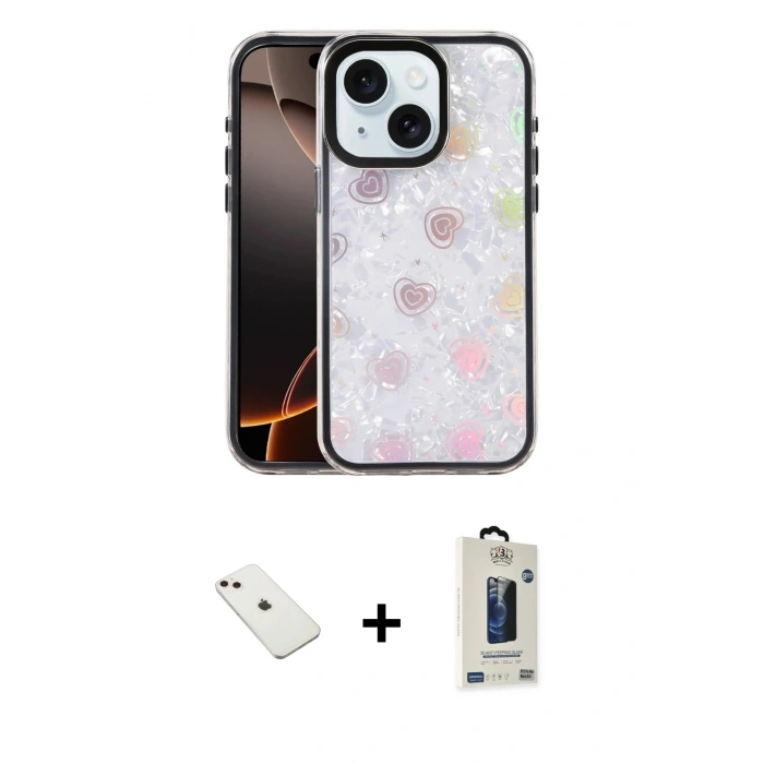 MARSİLYAN™- iPhone 14 Kılıf Odak Prime - Siyah Bilvis Hayalet Cam Ekran Koruyucu + Diamond Kamera Lens - PE