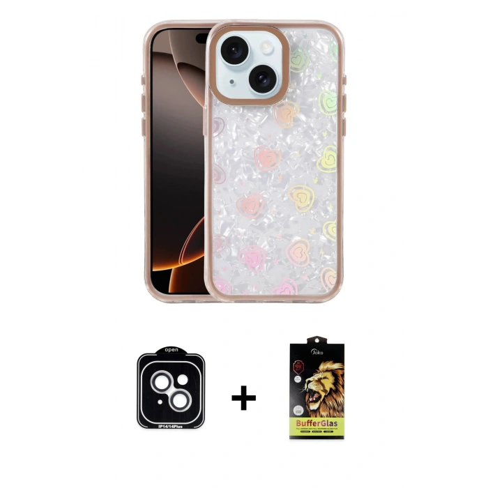 MARSİLYAN™- iPhone 14 Kılıf Odak Prime - Siyah Buffer Cam Ekran Koruyucu + PVD Metal Kamera Lens - GS