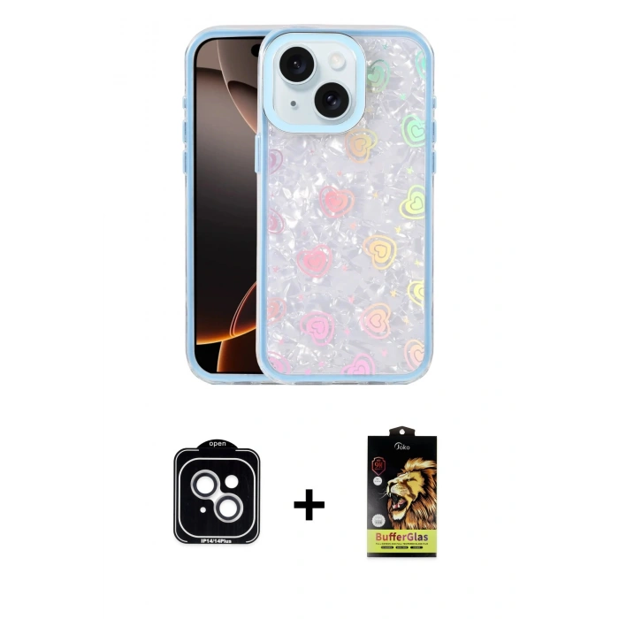 MARSİLYAN™- iPhone 14 Kılıf Odak Prime - Siyah Buffer Cam Ekran Koruyucu + PVD Metal Kamera Lens - GS