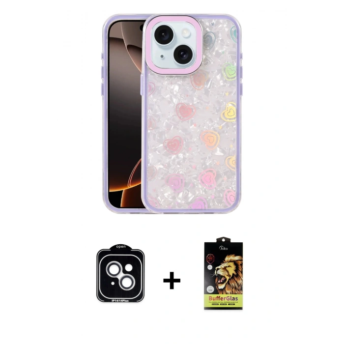 MARSİLYAN™- iPhone 14 Kılıf Odak Prime - Siyah Buffer Cam Ekran Koruyucu + PVD Metal Kamera Lens - GS