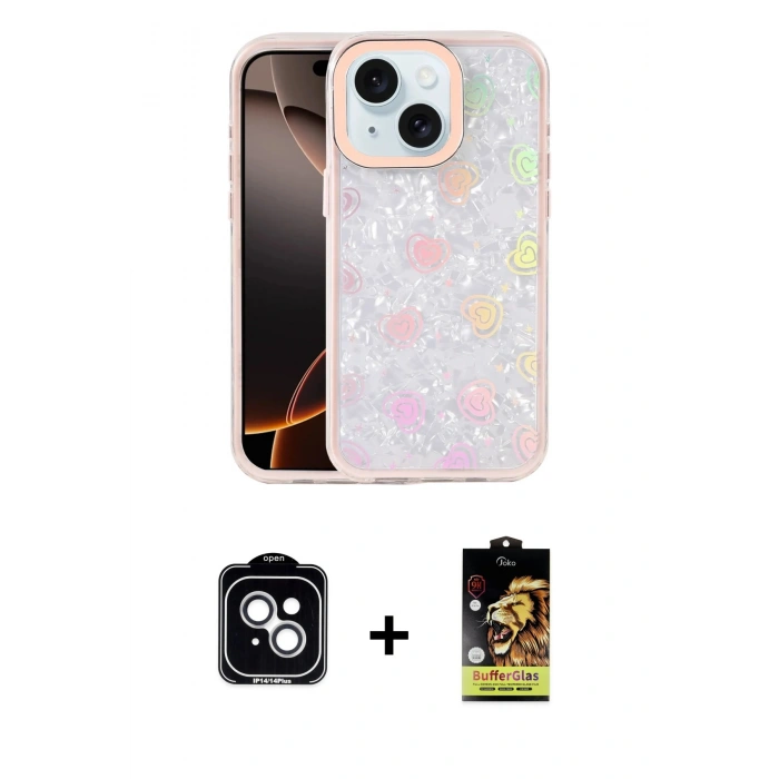 MARSİLYAN™- iPhone 14 Kılıf Odak Prime - Siyah Buffer Cam Ekran Koruyucu + PVD Metal Kamera Lens - GS