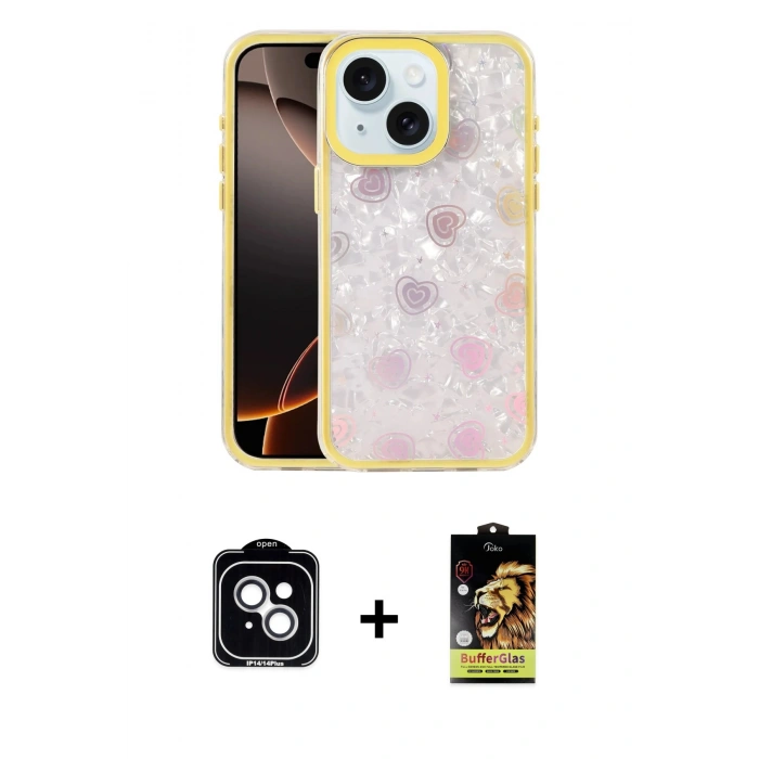 MARSİLYAN™- iPhone 14 Kılıf Odak Prime - Siyah Buffer Cam Ekran Koruyucu + PVD Metal Kamera Lens - GS