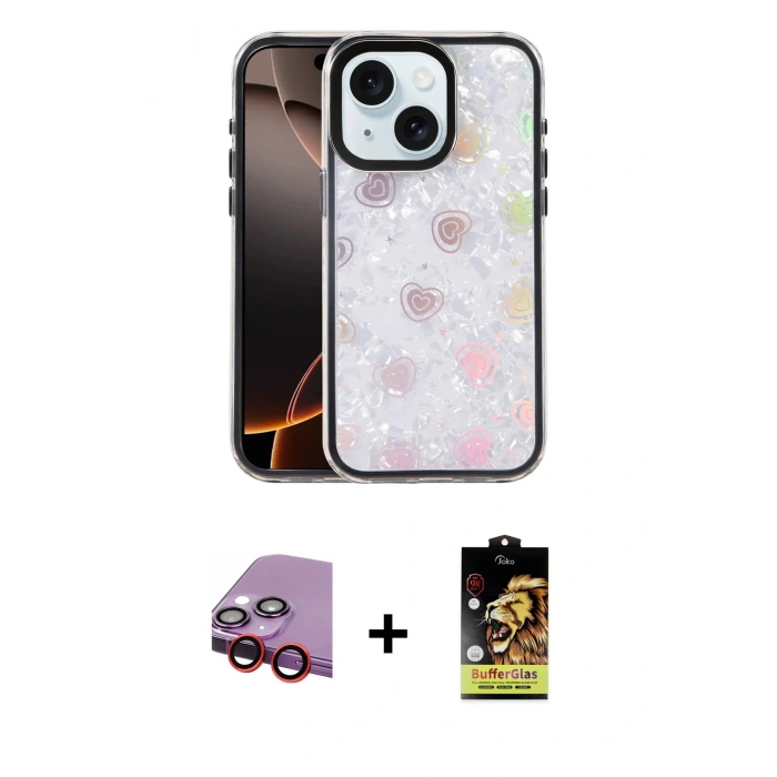 MARSİLYAN™- iPhone 14 Kılıf Odak Prime - Siyah Buffer Cam Ekran Koruyucu + Raze Metal Kamera Lens - KI