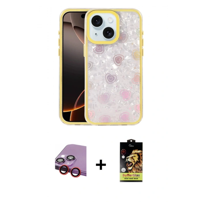 MARSİLYAN™- iPhone 14 Kılıf Odak Prime - Siyah Buffer Cam Ekran Koruyucu + Raze Metal Kamera Lens - KI