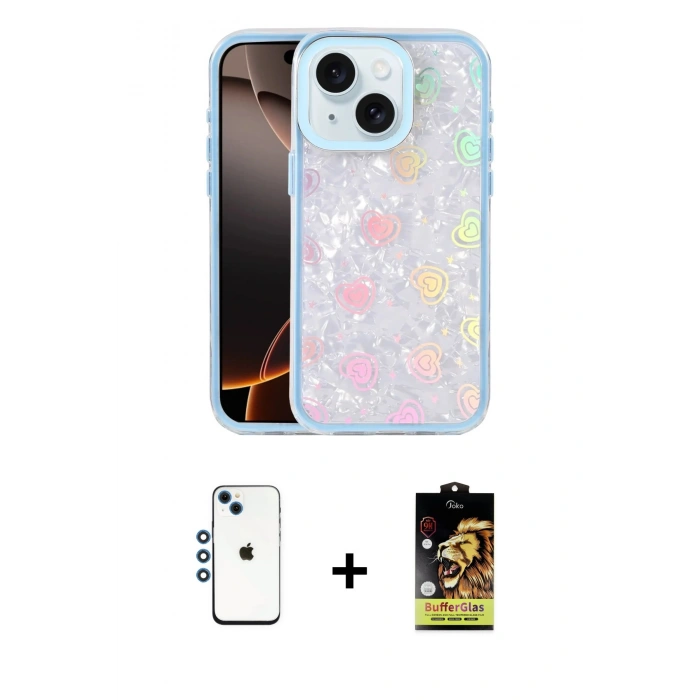 MARSİLYAN™- iPhone 14 Kılıf Odak Prime - Siyah Buffer Cam Ekran Koruyucu + Mavi Shine Kamera Lens