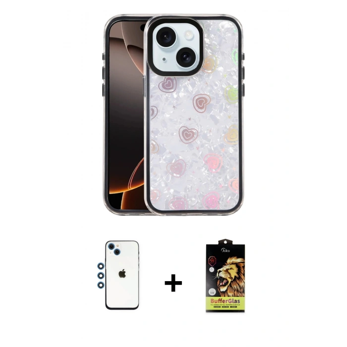 MARSİLYAN™- iPhone 14 Kılıf Odak Prime - Siyah Buffer Cam Ekran Koruyucu + Mavi Shine Kamera Lens