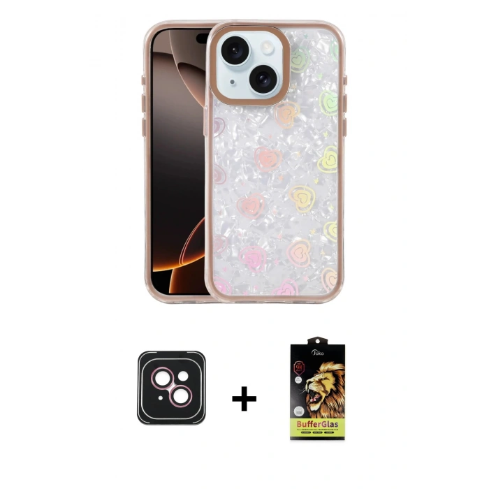 MARSİLYAN™- iPhone 14 Kılıf Odak Prime - Siyah Buffer Cam Ekran Koruyucu + PVD Metal Kamera Lens - PE