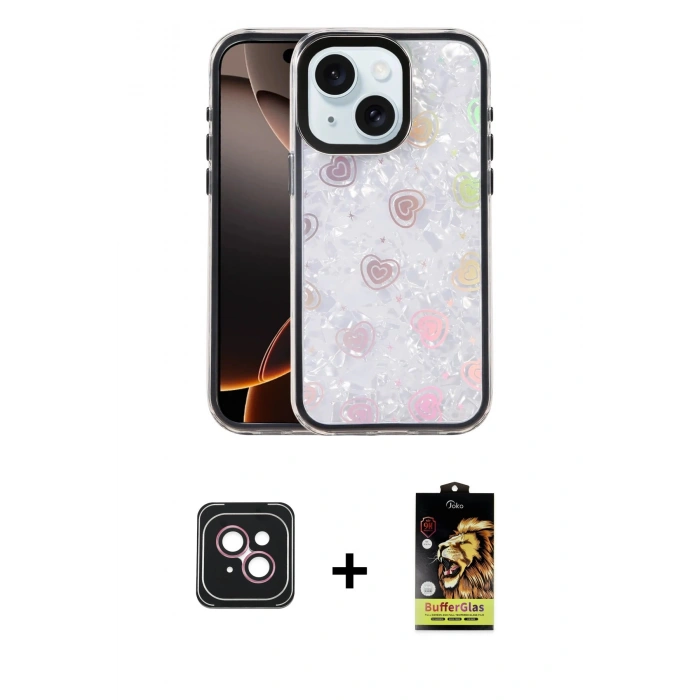 MARSİLYAN™- iPhone 14 Kılıf Odak Prime - Siyah Buffer Cam Ekran Koruyucu + PVD Metal Kamera Lens - PE