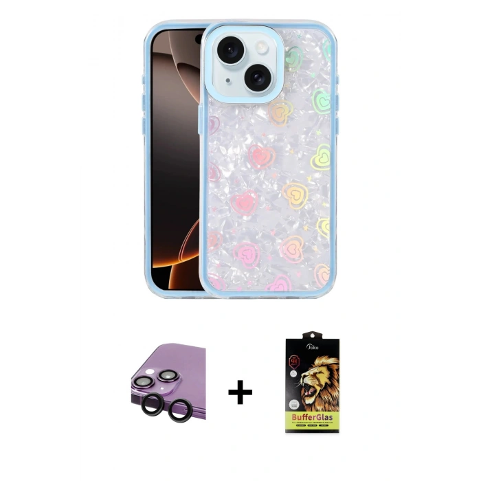MARSİLYAN™- iPhone 14 Kılıf Odak Prime - Siyah Buffer Cam Ekran Koruyucu + Raze Metal Kamera Lens - SH
