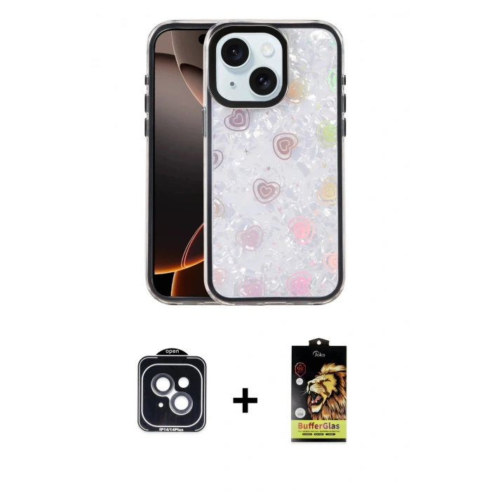 MARSİLYAN™- iPhone 14 Kılıf Odak Prime - Siyah Buffer Cam Ekran Koruyucu + Siyah PVD Metal Kamera Lens