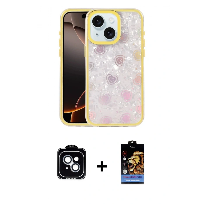 MARSİLYAN™- iPhone 14 Kılıf Odak Prime - Siyah Buffer Hayalet Cam Ekran Koruyucu + PVD Metal Kamera Lens - MI
