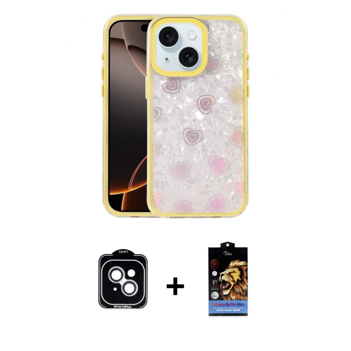MARSİLYAN™- iPhone 14 Kılıf Odak Prime - Siyah Buffer Hayalet Cam Ekran Koruyucu + PVD Metal Kamera Lens - GS