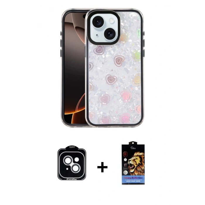 MARSİLYAN™- iPhone 14 Kılıf Odak Prime - Siyah Buffer Hayalet Cam Ekran Koruyucu + PVD Metal Kamera Lens - GS