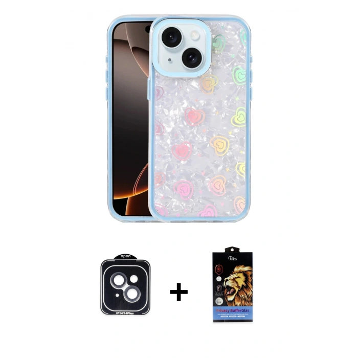 MARSİLYAN™- iPhone 14 Kılıf Odak Prime - Siyah Buffer Hayalet Cam Ekran Koruyucu + PVD Metal Kamera Lens - SH