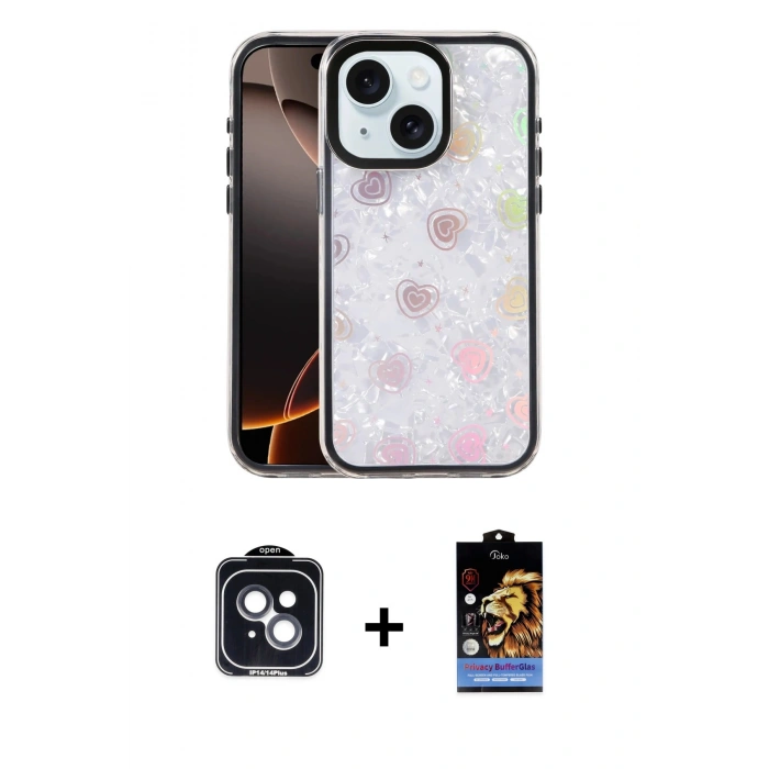 MARSİLYAN™- iPhone 14 Kılıf Odak Prime - Siyah Buffer Hayalet Cam Ekran Koruyucu + PVD Metal Kamera Lens - SH