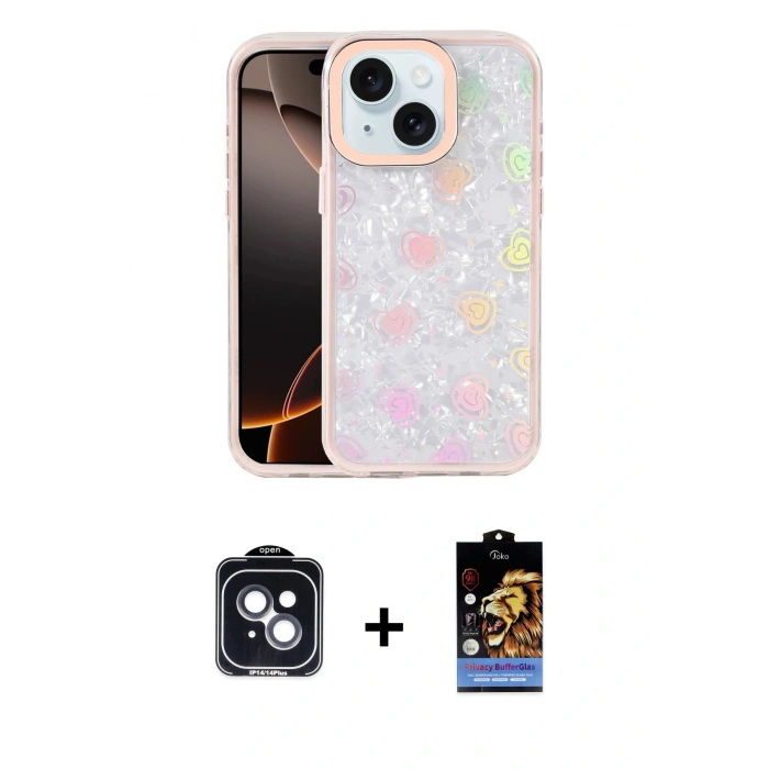 MARSİLYAN™- iPhone 14 Kılıf Odak Prime - Siyah Buffer Hayalet Cam Ekran Koruyucu + PVD Metal Kamera Lens - SH