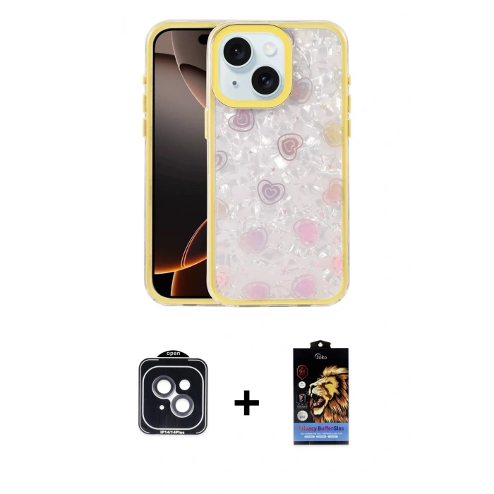 MARSİLYAN™- iPhone 14 Kılıf Odak Prime - Siyah Buffer Hayalet Cam Ekran Koruyucu + PVD Metal Kamera Lens - SH
