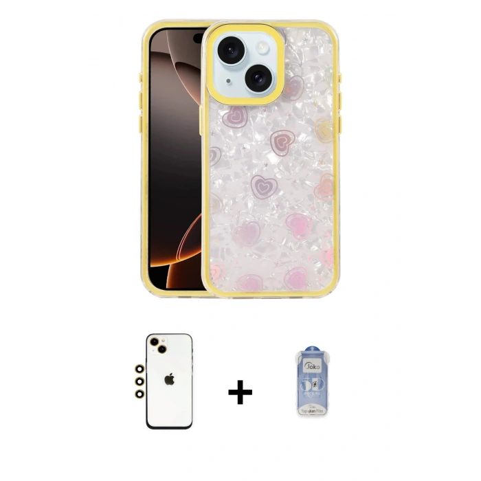 MARSİLYAN™- iPhone 14 Kılıf Odak Prime - Siyah Joko Magic 5D Cam + Gold Shine Kamera Lens