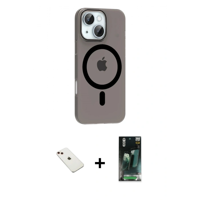 MARSİLYAN™- iPhone 14 Kılıf Pusula Form Özel Seri - Şeffaf 360 Full Body Arka Koruyucu + Diamond Kamera Lens - KI