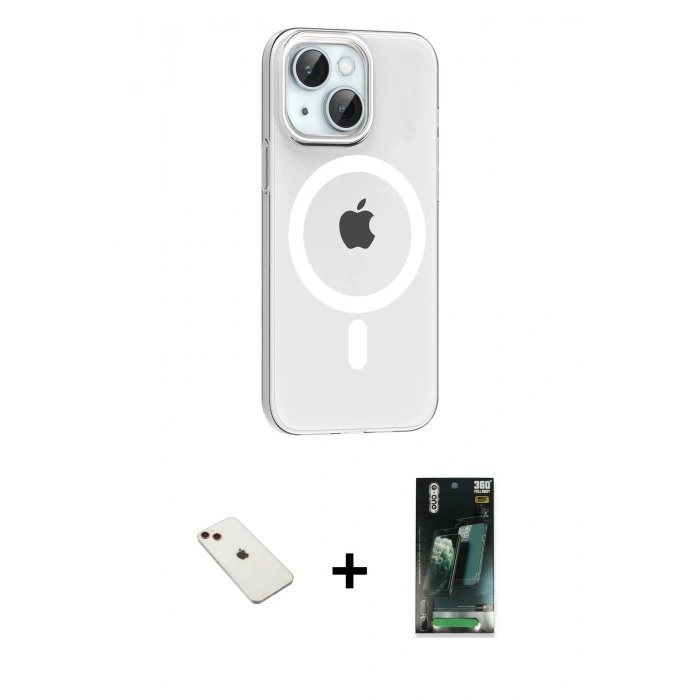 MARSİLYAN™- iPhone 14 Kılıf Pusula Form Özel Seri - Şeffaf 360 Full Body Arka Koruyucu + Diamond Kamera Lens - KI