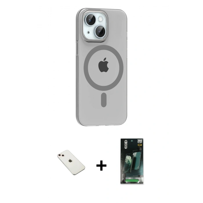 MARSİLYAN™- iPhone 14 Kılıf Pusula Form Özel Seri - Şeffaf 360 Full Body Arka Koruyucu + Diamond Kamera Lens - PE