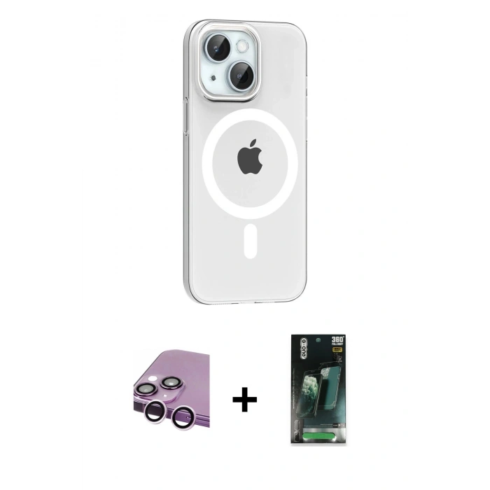 MARSİLYAN™- iPhone 14 Kılıf Pusula Form Özel Seri - Şeffaf 360 Full Body Arka Koruyucu + Mor Raze Metal Kamera Lens