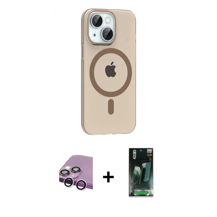 MARSİLYAN™- iPhone 14 Kılıf Pusula Form Özel Seri - Şeffaf 360 Full Body Arka Koruyucu + Mor Raze Metal Kamera Lens