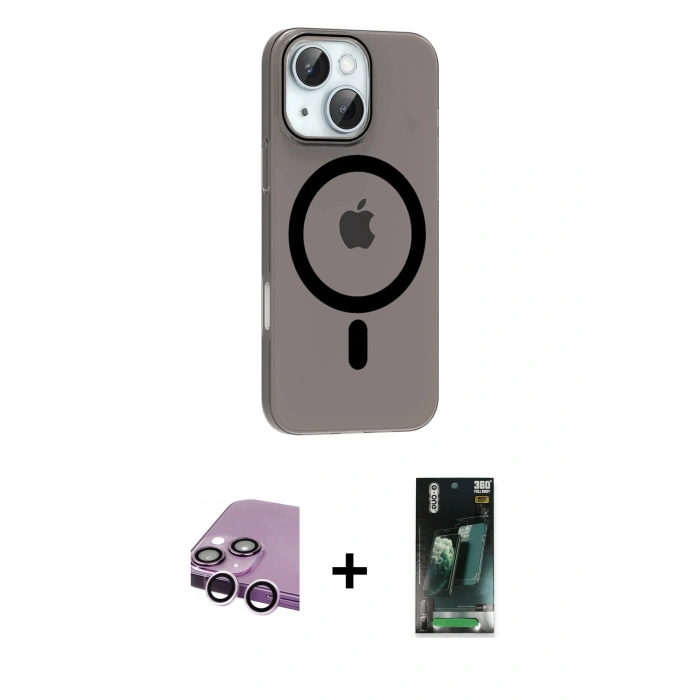 MARSİLYAN™- iPhone 14 Kılıf Pusula Form Özel Seri - Şeffaf 360 Full Body Arka Koruyucu + Mor Raze Metal Kamera Lens