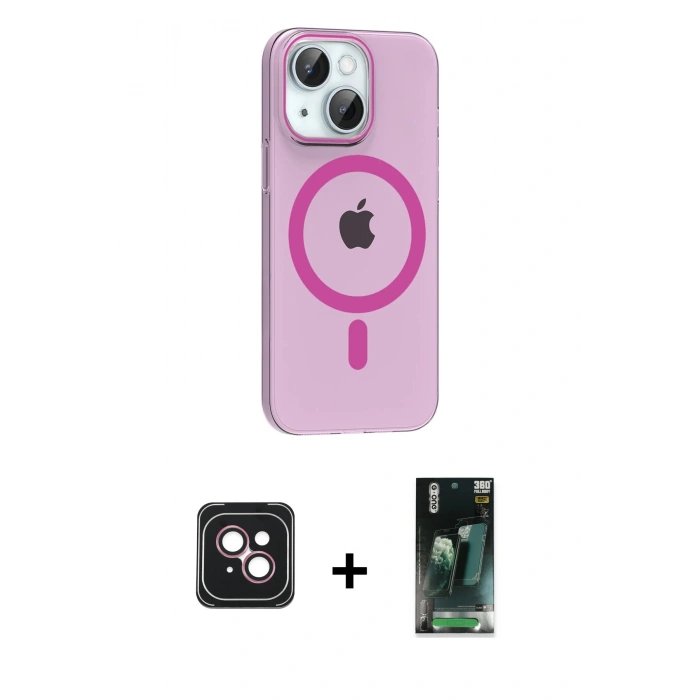 MARSİLYAN™- iPhone 14 Kılıf Pusula Form Özel Seri - Şeffaf 360 Full Body Arka Koruyucu + Pembe PVD Metal Kamera Lens