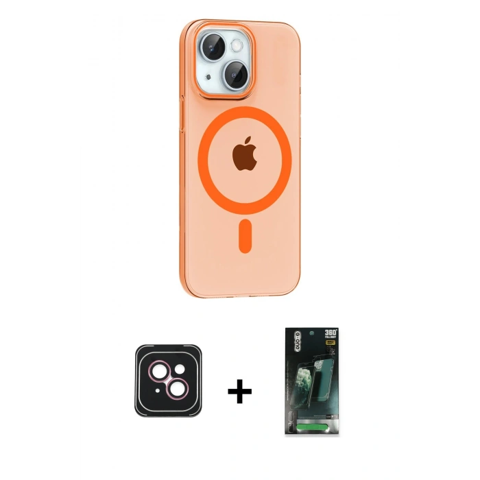 MARSİLYAN™- iPhone 14 Kılıf Pusula Form Özel Seri - Şeffaf 360 Full Body Arka Koruyucu + Pembe PVD Metal Kamera Lens